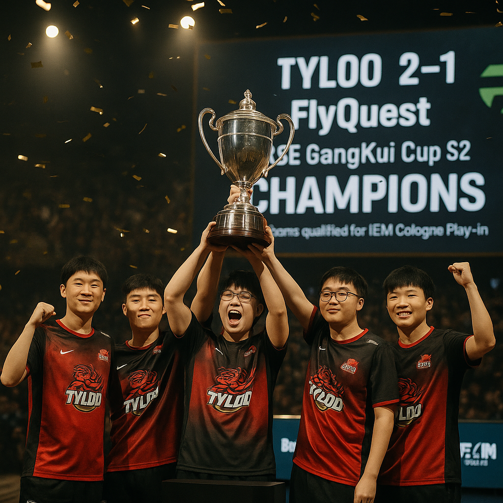 TYLOO celebrates on stage lifting the XSE GangKui Cup S2 trophy after a 2-1